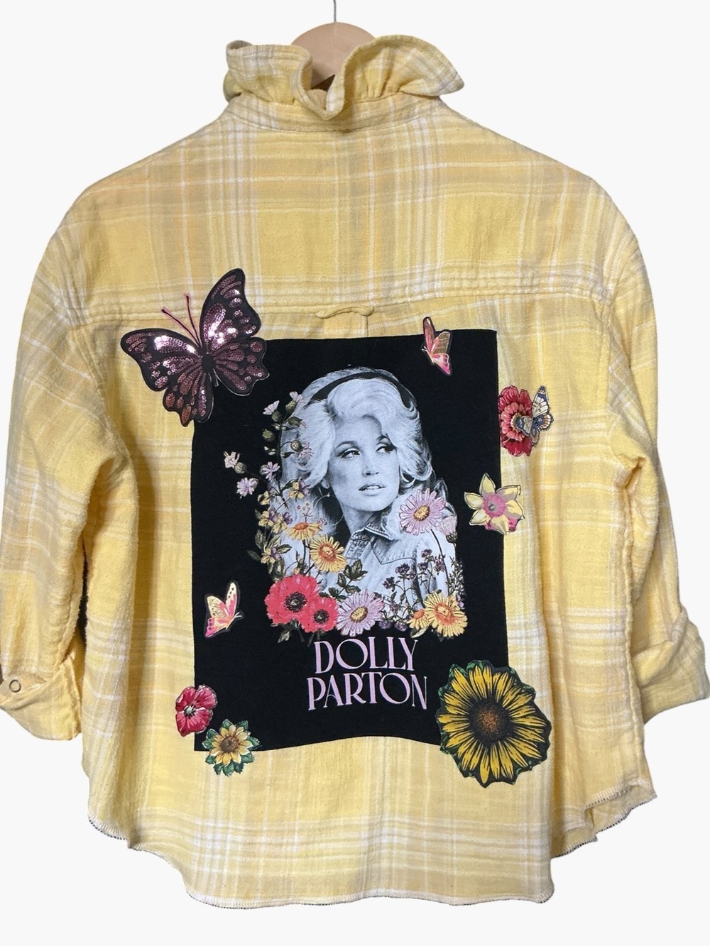 Ruffle Collar Upcycled Dolly Parton Flannel Appliqué Snap Front Shirt Top